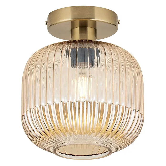 Orion Leuchten Deckenleuchte rund - E27 - Deckenleuchte aus Messing mit amberfarbenem geripptem Glasschirm, warm leuchtend.