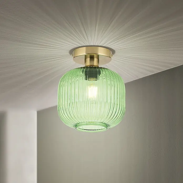 Orion Leuchten Deckenleuchte rund - E27 - Grüne Deckenleuchte aus geripptem Glas mit Messingsockel, wirft dekorative Lichtmuster an die Decke.