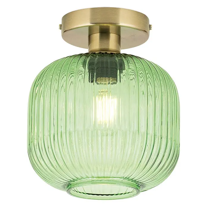 Orion Leuchten Deckenleuchte rund - E27 - Grüne gerippte Glas-Deckenleuchte mit Messingsockel und beleuchteter Glühbirne.