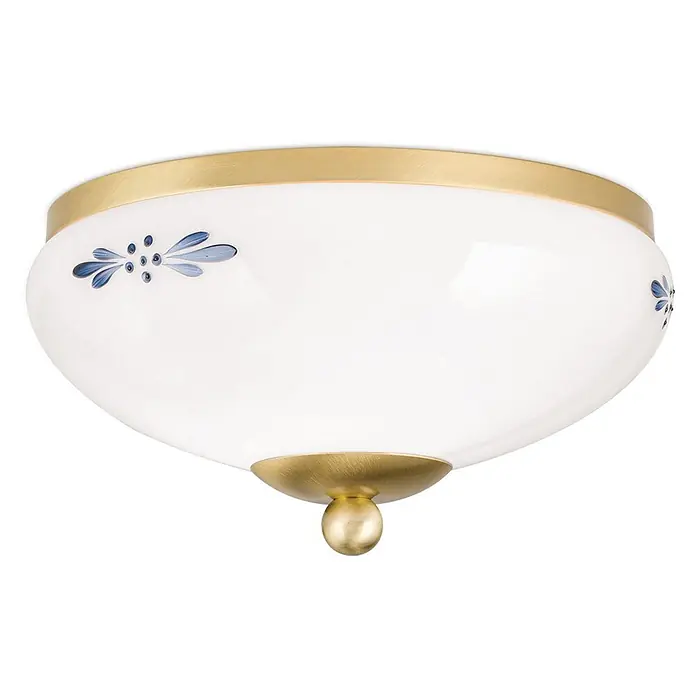 Orion Leuchten Deckenleuchte rund - E27 - Runde Deckenleuchte aus Messing und weißem Glas mit blauen floralen Details.