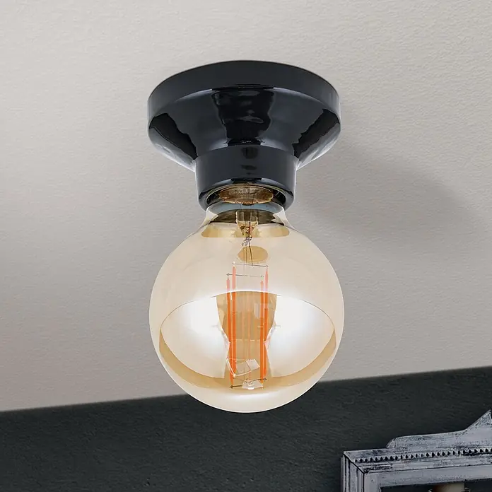 Orion Leuchten Deckenleuchte rund - E27 - Schwarze Keramik-Deckenleuchte mit großer, runder, bernsteinfarbener LED-Filamentlampe.