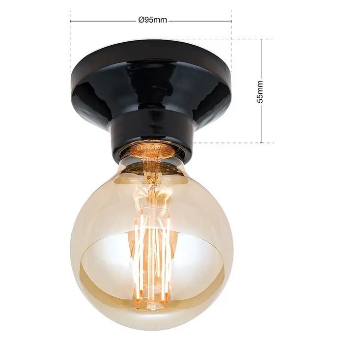 Orion Leuchten Deckenleuchte rund - E27 - Schwarze Keramik Decken-/Wandleuchtenfassung mit einer kugelförmigen, bernsteinfarbenen LED-Glühbirne. Basisdurchmesser 95mm, Höhe 55mm.