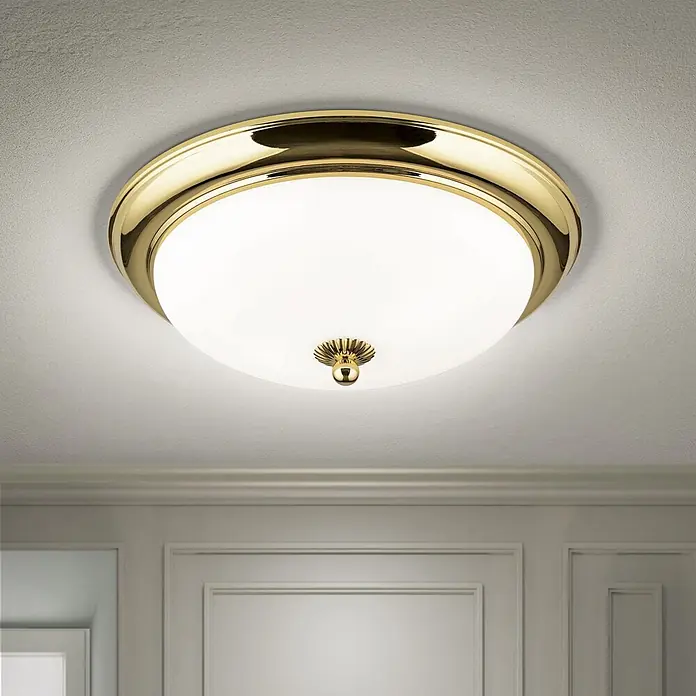 Orion Leuchten Deckenleuchte rund - E27 - Runde goldene Deckenleuchte mit weißem Diffusor, über einer dekorativen Wandleiste.
