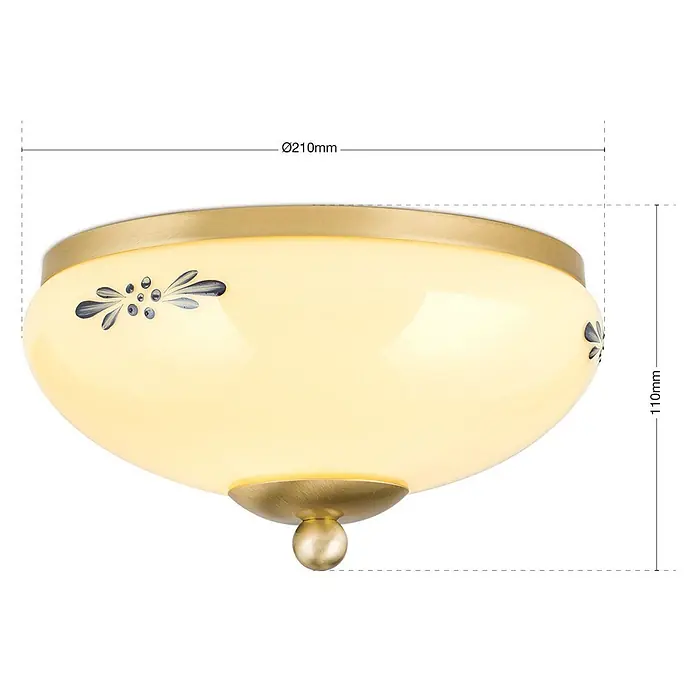Orion Leuchten Deckenleuchte rund - E27 - Messing-Deckenleuchte mit opalem Glasschirm und blauem Blumenmuster. Ø 210mm, H 110mm.