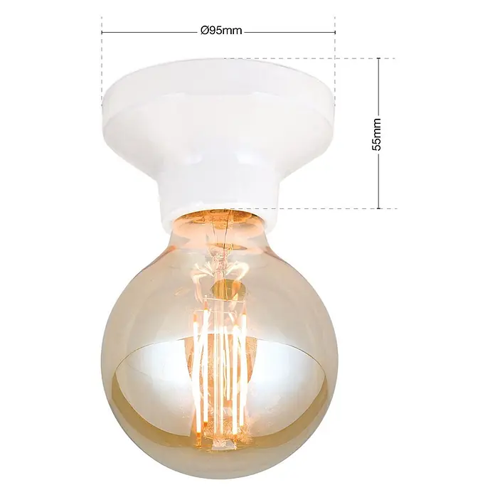 Orion Leuchten Deckenleuchte rund - E27 - Weiße Keramik-Deckenleuchte mit einer bernsteinfarbenen, kugelförmigen LED-Glühfadenlampe.
