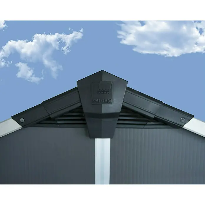 Palram – Canopia Gartenhaus - Außenmaß inkl. Dachüberstand (B x T): 332 x 271 cm, Kunststoff, Grau, Ohne Boden - Detailaufnahme des Palram Gerätehaus-Gipfels, der robuste Bauweise und das integrierte Belüftungssystem hervorhebt.