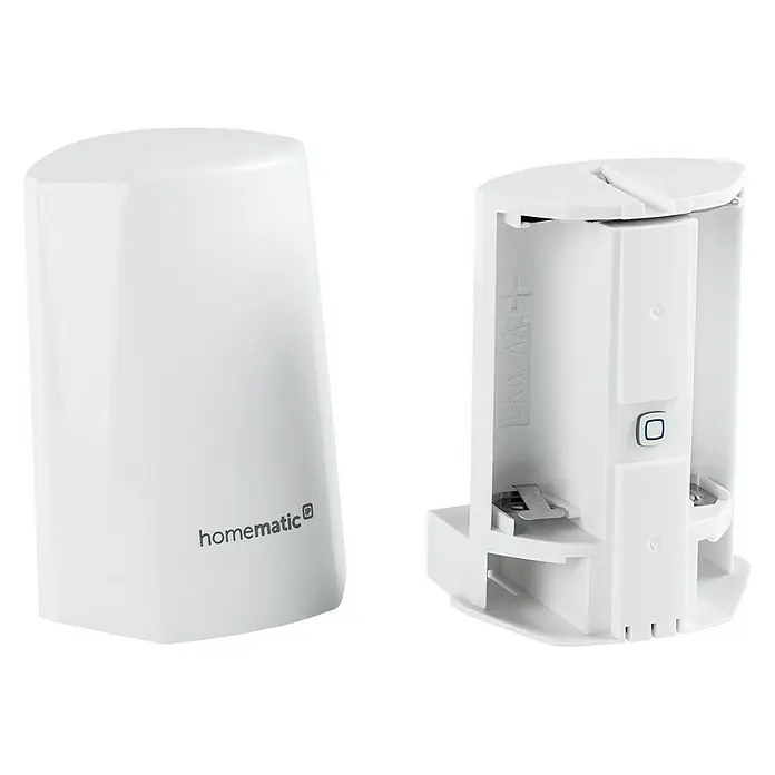 Homematic IP Funk-Temperatursensor HmIP-STHO - Weiß, 5,9 x 8,2 x 4,1 cm, Batteriebetrieben, IP44 - Weißes Homematic-Gerät mit abnehmbarer Batterieabdeckung, ideal für Smart-Home-Anwendungen und einfache Wartung der Stromversorgung.