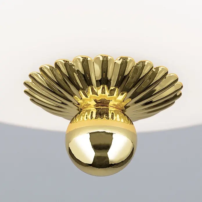Orion Leuchten Deckenleuchte rund - E27 - Polierte goldfarbene Zierkuppel aus Metall mit geriffelter, muschelartiger Oberseite und glänzender Kugelbasis.