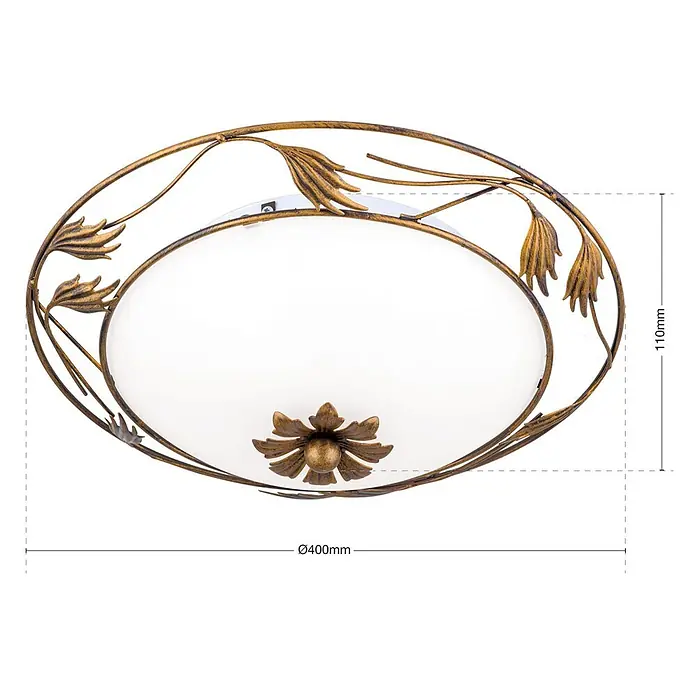 Orion Leuchten Deckenleuchte rund - E27 - Verzierte Deckenleuchte aus Bronze mit Blätter- und Blumendekor und ovalem weißen Glasdiffusor.