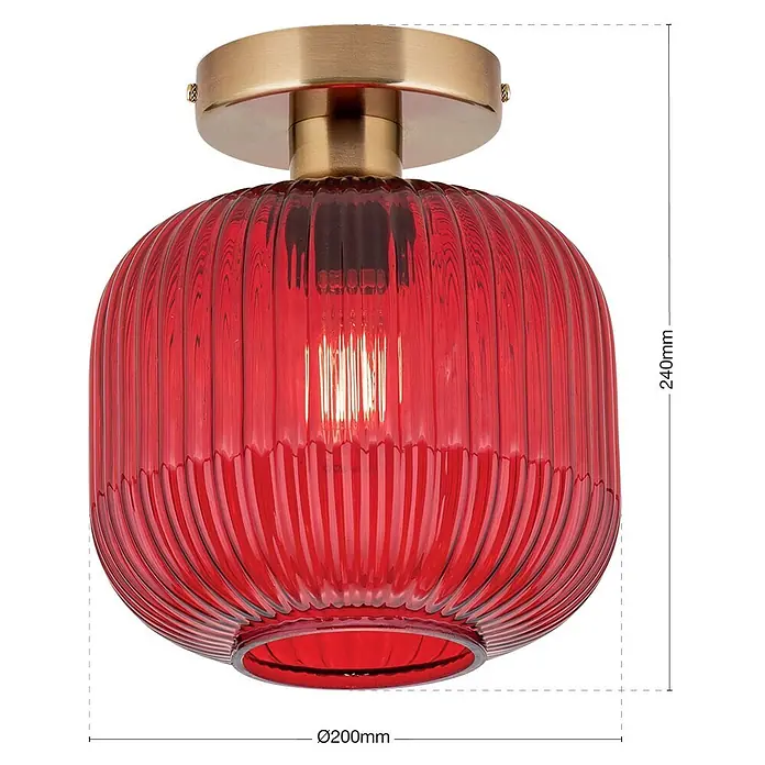 Orion Leuchten Deckenleuchte rund - E27 - Rote gerippte Glas-Deckenleuchte mit Messingsockel. Maße: 240mm hoch, 200mm Durchmesser.