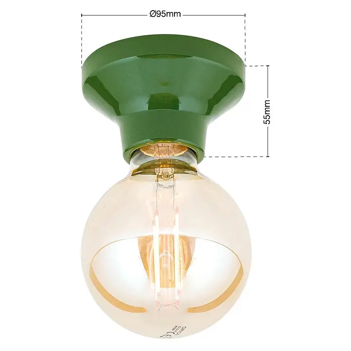 Orion Leuchten Deckenleuchte rund - E27 - Grüne Keramik-Deckenleuchte mit bernsteinfarbener LED-Kugelbirne, Ø95mm, 55mm hoch.