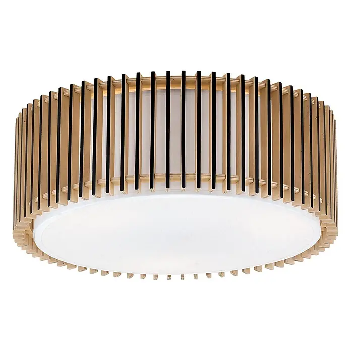 Orion Leuchten Deckenleuchte rund - E27 - Runde Deckenleuchte mit natürlichen Holzlamellen, schwarzen Akzenten und einem weißen Diffusor.