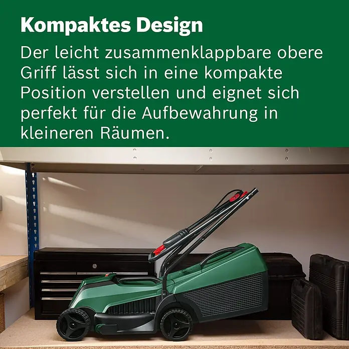 Bosch Power for All 18V Akku-Rasenmäher EasyMower 18V-32-200 - 18 V, Ohne Akku, Schnittbreite: 32 cm - Grüner und schwarzer Rasenmäher mit klappbarem Griff, kompakt in einem Regal verstaut.