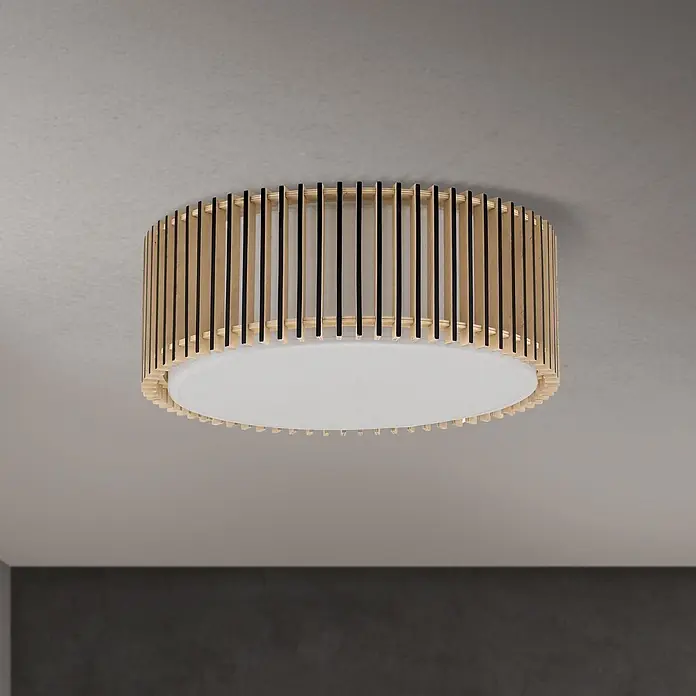 Orion Leuchten Deckenleuchte rund - E27 - Runde Deckenleuchte mit Naturholzlamellen, schwarzen Akzenten und weißem Diffusor.