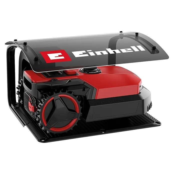 Einhell Mähroboter-Garage - L x B x H: 51 x 60 x 37 cm, Einhell Freelexo Mähroboter - Rot-schwarzer Rasenroboter mit transparenter Abdeckung, großen profilierten Rädern und schwarzer Basis.