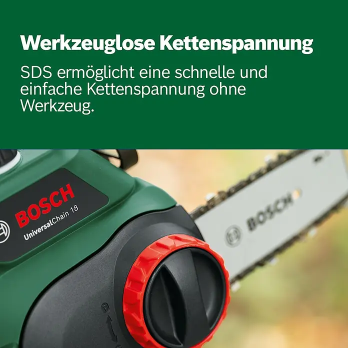 Bosch Power for All 18V Akku-Kettensäge UniversalChain 18 - 18 V, Li-Ionen, 1 Akku, Schwertlänge: 20 cm - Grüne Bosch Kettensäge UniversalChain 18 mit rotem Drehknopf für werkzeuglose Kettenspannung.