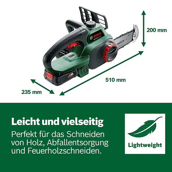 Bosch Power for All 18V Akku-Kettensäge UniversalChain 18 - 18 V, Li-Ionen, 1 Akku, Schwertlänge: 20 cm - Grün-schwarze Bosch UniversalChain 18 Akku-Kettensäge, 510x235x200mm, leicht und vielseitig zum Schneiden von Holz.