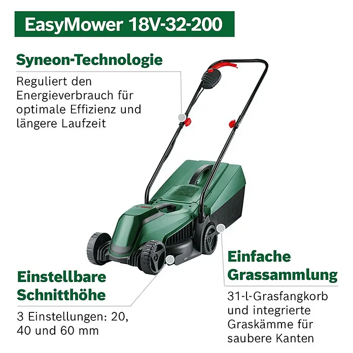Bosch Power for All 18V Akku-Rasenmäher EasyMower 18V-32-200 - 18 V, Ohne Akku, Schnittbreite: 32 cm - Grüner Akku-Rasenmäher Bosch EasyMower 18V-32-200 mit einstellbarer Schnitthöhe und 31-Liter Grasfangkorb.