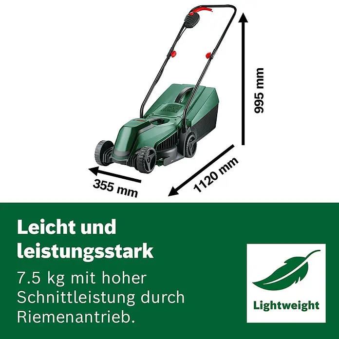Bosch Power for All 18V Akku-Rasenmäher EasyMower 18V-32-200 - 18 V, Ohne Akku, Schnittbreite: 32 cm - Grüner Elektro-Rasenmäher mit den Maßen 355x1120x995mm, leicht und leistungsstark durch Riemenantrieb.