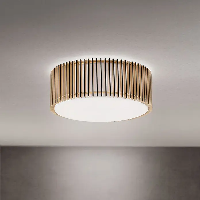 Orion Leuchten Deckenleuchte rund - E27 - Runde Deckenleuchte aus Holzlamellen mit weißem Diffusor.