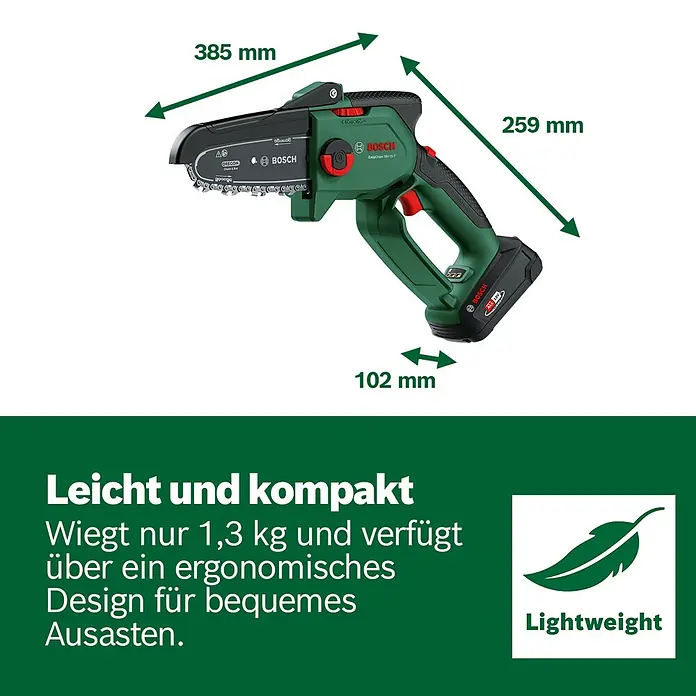 Bosch Power for All 18V Akku-Kettensäge EasyChain 18V-15-7 - 18 V, Li-Ionen, 1 Akku, Schwertlänge: 15 cm - Grüne und schwarze Bosch Mini-Kettensäge mit Akku, 385 mm lang, zum Ausasten. Leicht und ergonomisch.