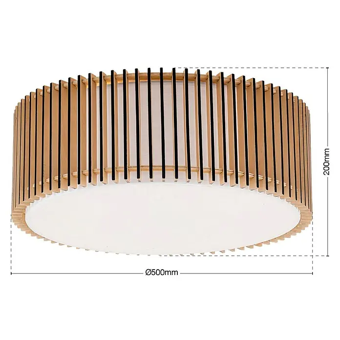 Orion Leuchten Deckenleuchte rund - E27 - Runde Deckenleuchte mit Naturholzlamellen, schwarzen Akzenten und einem weißen Diffusor.