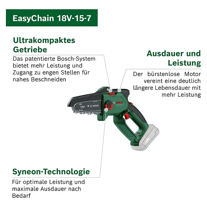 Bosch Power for All 18V Akku-Kettensäge EasyChain 18V-15-7 - 18 V, Li-Ionen, 1 Akku, Schwertlänge: 15 cm - Grüne und schwarze Bosch EasyChain 18V-15-7 Akku-Minikettensäge mit kompaktem Design, Kette und angeschlossenem Akku.