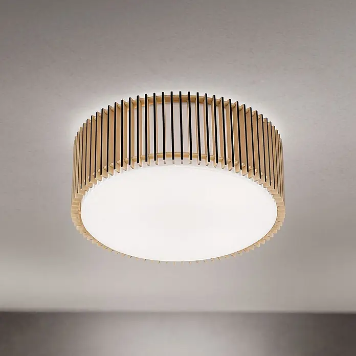 Orion Leuchten Deckenleuchte rund - E27 - Runde Deckenleuchte mit hellen Holzlamellen und weißem Diffusor.