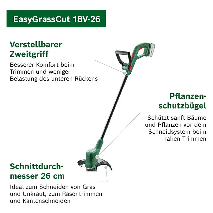 Bosch Power for All 18V Akku-Rasentrimmer EasyGrassCut 18V-26 - 18 V, 2,5 Ah, Ohne Akku - Grüner und schwarzer Bosch EasyGrassCut 18V-26 Rasentrimmer mit verstellbarem Zweitgriff und Pflanzenschutzbügel, 26 cm Schnittdurchmesser.