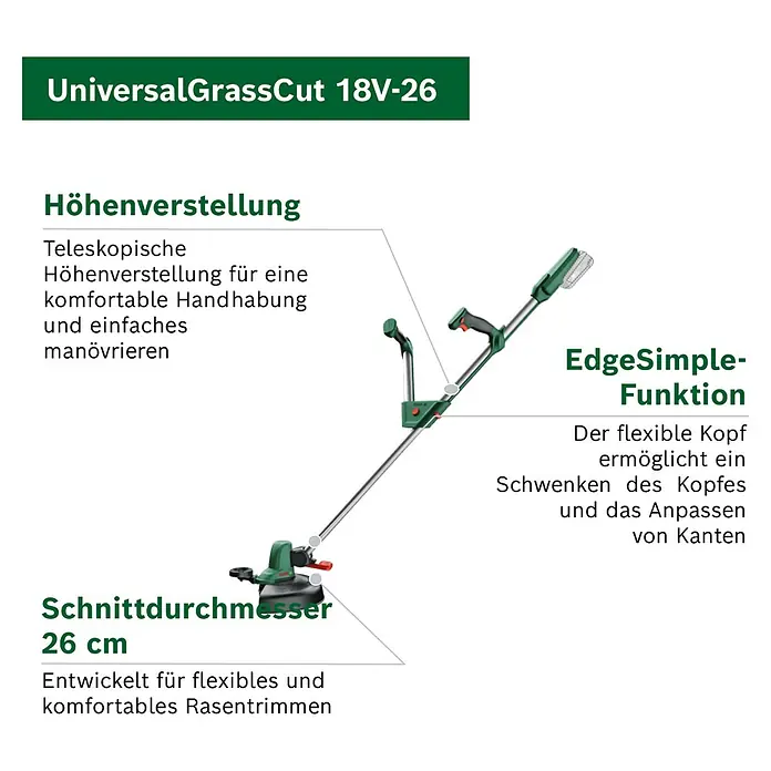 Bosch Power for All 18V Akku-Rasentrimmer UniversalGrassCut 18V-26 - 18 V, Li-Ionen, Ohne Akku - Grün-grauer Bosch UniversalGrassCut 18V-26 Rasentrimmer mit teleskopischer Höhenverstellung und flexiblem Kopf für Kanten, 26 cm Schnittdurchmesser.