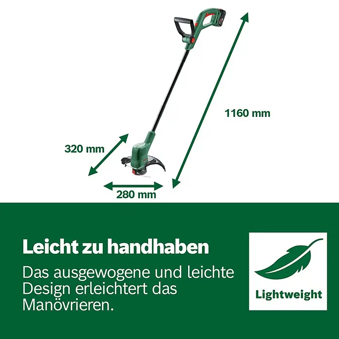 Bosch Power for All 18V Akku-Rasentrimmer EasyGrassCut 18V-26 - 18 V, 2,5 Ah, Ohne Akku - Grüner und schwarzer Bosch Rasentrimmer mit Maßen, konzipiert für leichtes und einfaches Manövrieren.