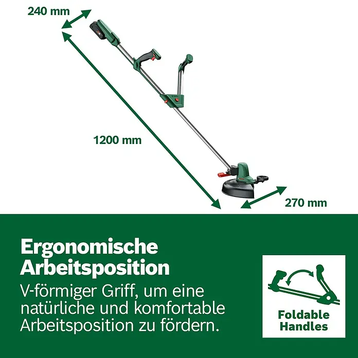 Bosch Power for All 18V Akku-Rasentrimmer UniversalGrassCut 18V-26 - 18 V, Li-Ionen, Ohne Akku - Grüner und silberner Gartentrimmer mit ergonomischem V-Griff und klappbaren Griffen, Gesamtlänge 1200 mm.