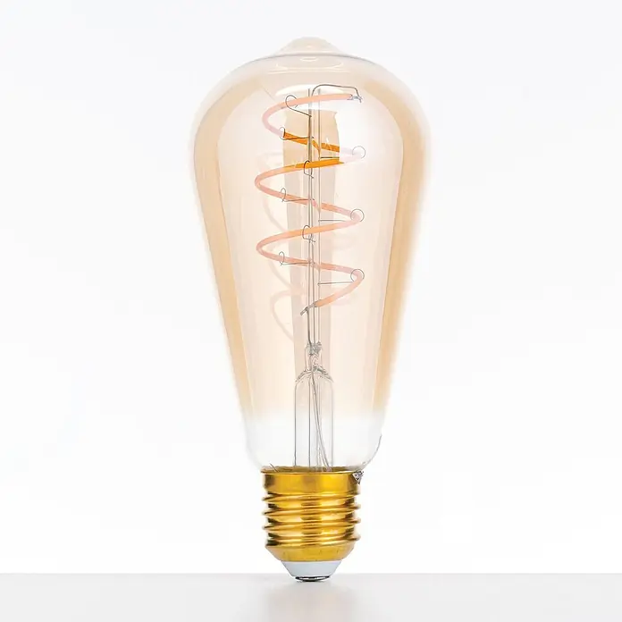 Orion Leuchten LED-Lampe - E27, Dimmbar, Warmweiß, 300 lm, 4 W - Bernstein-farbene Edison LED-Glühbirne mit goldenem Schraubsockel und sichtbarem orangefarbenem Wendelfilament.