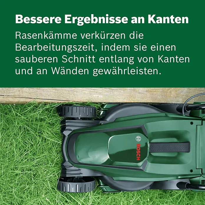 Bosch Power for All 18V Akku-Rasenmäher EasyMower 18V-32-200 - 18 V, Ohne Akku, Schnittbreite: 32 cm - Grüner Bosch Rasenmäher schneidet Rasen präzise entlang einer Holzkante.