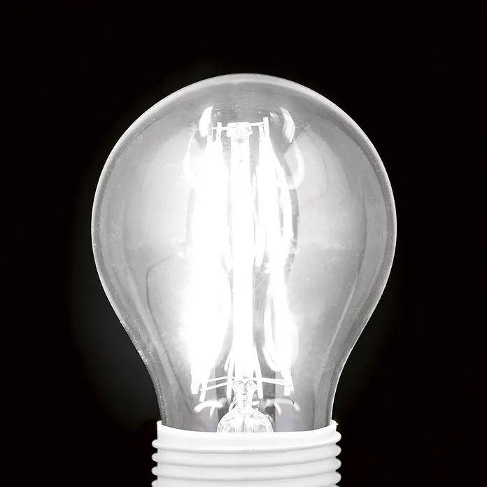 Orion Leuchten LED-Lampe - E27, Dimmbar, Warmweiß, 450 lm, 4,5 W - Leuchtende Glühbirne aus klarem Glas mit glühenden Filamenten, auf weißem Gewindesockel.