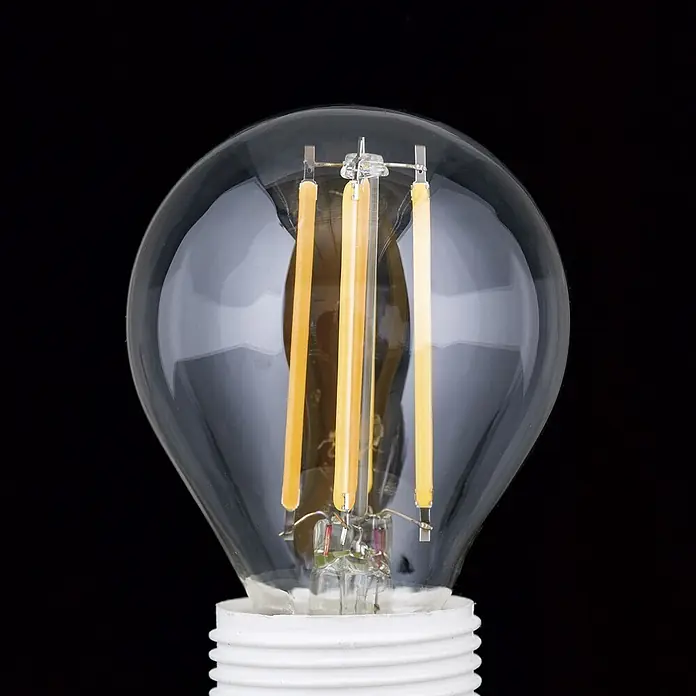 Orion Leuchten LED-Lampe - E27, Dimmbar, Warmweiß, 450 lm, 4,5 W - Klare LED-Glühbirne aus Glas mit gelben Filamenten und weißem Sockel.