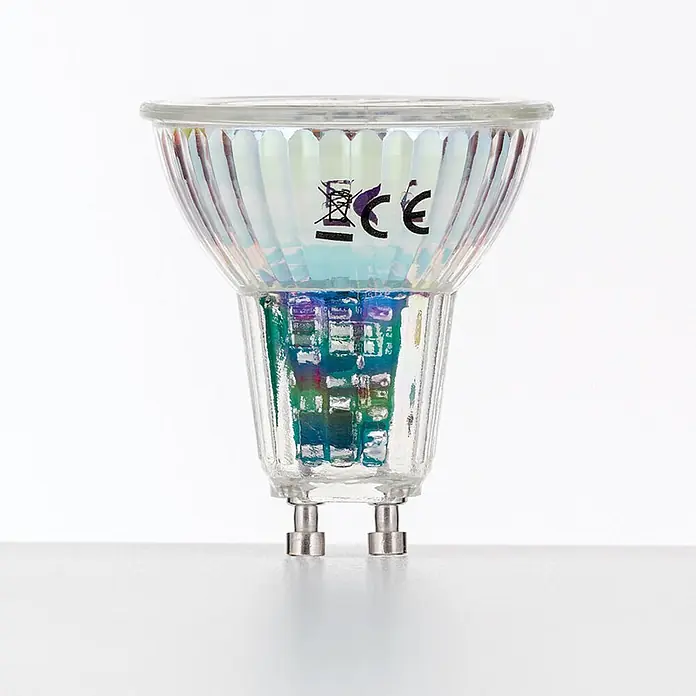 Orion Leuchten LED-Lampe - GU10, Dimmbar, Warmweiß, 400 lm, 5 W - GU10 LED-Spotbirne aus Glas mit sichtbarem internem Schaltkreis und zwei Metallstiften.