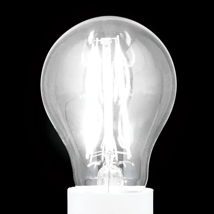 Orion Leuchten LED-Lampe - E27, Dimmbar, Warmweiß, 980 lm, 8 W - Beleuchtete klare Glas-LED-Filament-Glühbirne mit weißem Sockel, die helles weißes Licht abstrahlt.