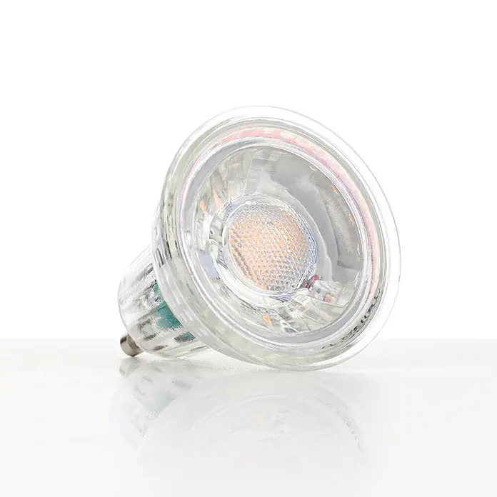 Orion Leuchten LED-Lampe - GU10, Dimmbar, Warmweiß, 400 lm, 5 W - Kompakte LED-Spotlampe mit transparentem Gehäuse und sichtbarem gelbem LED-Chip.