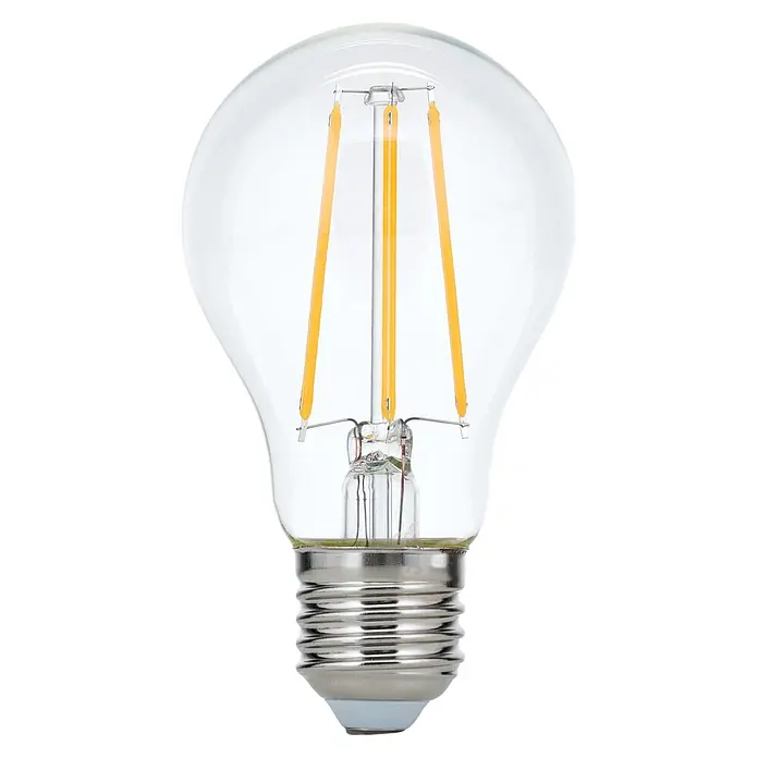 Orion Leuchten LED-Lampe - E27, Dimmbar, Warmweiß, 1.500 lm, 10 W - Klare Glas-LED-Lampe mit vier linearen gelben Filamenten und silbernem Schraubsockel.