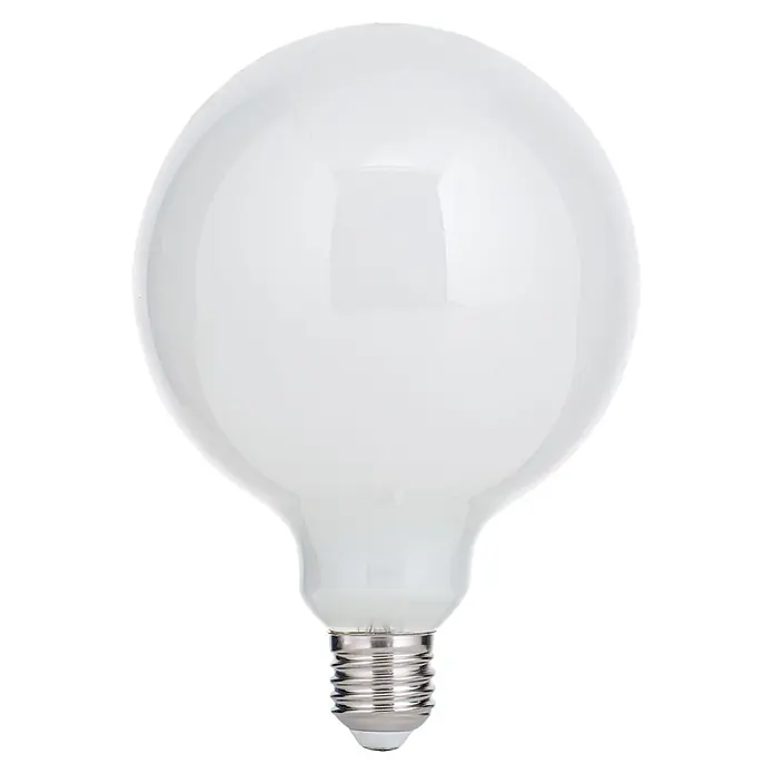 Orion Leuchten LED-Lampe - E27, Dimmbar, Warmweiß, 1.000 lm, 9 W - Große mattweiße Globus-Glühbirne mit silbergrauem Schraubsockel.