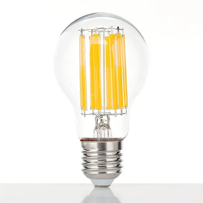 Orion Leuchten LED-Lampe - E27, Dimmbar, Warmweiß, 2.000 lm, 15 W - Klare Glas-LED-Glühbirne mit sichtbaren gelben Filamenten und silbernem Schraubsockel.