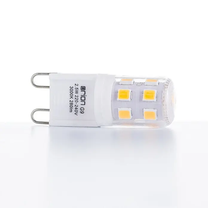 Orion Leuchten LED-Lampe - G9, Nicht Dimmbar, Warmweiß, 280 lm, 2,5 W - Eine G9 LED-Lampe mit weißem Sockel, zwei Metallstiften, klarem zylindrischem Gehäuse und gelben LED-Chips.