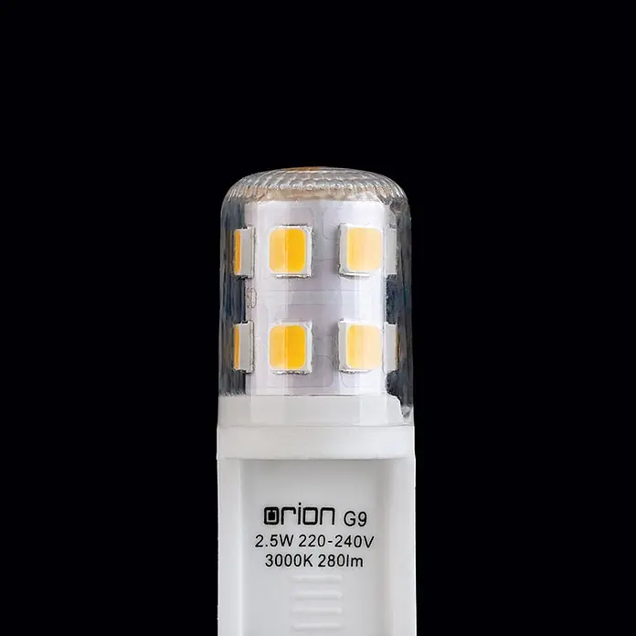 Orion Leuchten LED-Lampe - G9, Nicht Dimmbar, Warmweiß, 280 lm, 2,5 W - Kompakte LED G9 Lampe mit weißem Sockel und klarem Gehäuse, mit sichtbaren warmweißen LED-Chips.