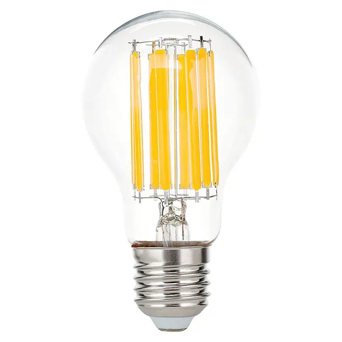 Orion Leuchten LED-Lampe - E27, Dimmbar, Warmweiß, 2.000 lm, 15 W - Eine klare LED-Glühbirne aus Glas mit leuchtend gelben Filamenten und einem silbernen Schraubsockel.
