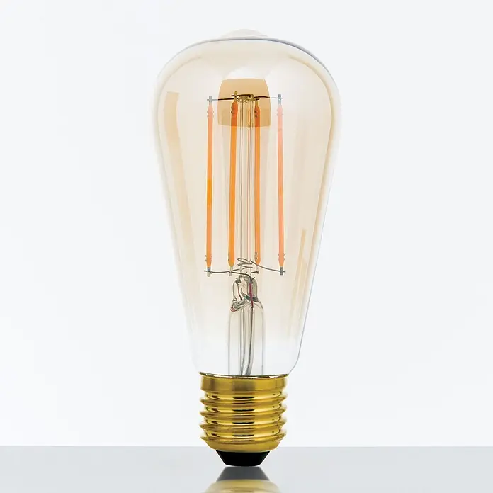 Orion Leuchten LED-Lampe - E27, Dimmbar, Warmweiß, 550 lm, 6 W - Vintage-LED-Birne mit amberfarbenem Glas, vier orangefarbenen linearen Filamenten und goldenem Schraubsockel.