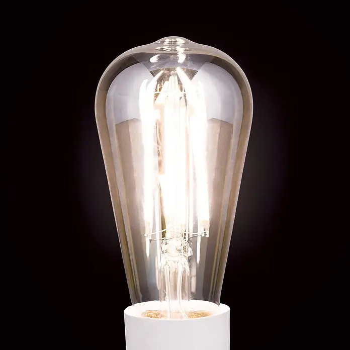 Orion Leuchten LED-Lampe - E27, Dimmbar, Warmweiß, 550 lm, 6 W - Klare Edison-LED-Glühbirne mit glühenden Filamenten und weißem Keramiksockel.