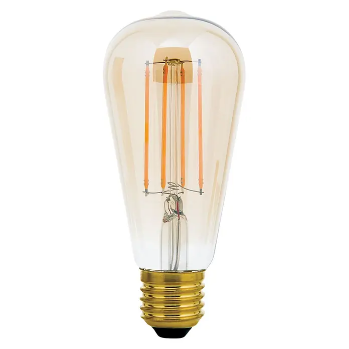Orion Leuchten LED-Lampe - E27, Dimmbar, Warmweiß, 550 lm, 6 W - Bernsteinfarbene LED-Filament-Glühbirne mit sichtbaren orangefarbenen Filamenten und einem Messing-Schraubsockel.