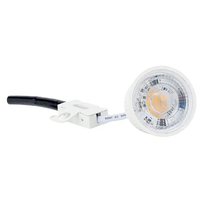 Orion Leuchten LED-Lampe - Sonstige, Dimmbar, Warmweiß, 410 lm, 4,9 W - Weißer LED-Strahler mit klarer Linse, verbunden mit einer weißen Anschlussbox und schwarzem Elektrokabel.