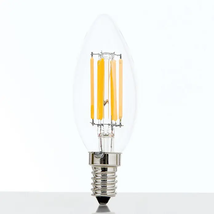 Orion Leuchten LED-Lampe - E14, Dimmbar, Warmweiß, 720 lm, 6 W - Klare Glas-Kerzen-LED-Filamentlampe mit gelben Filamenten und silbernem Schraubsockel.